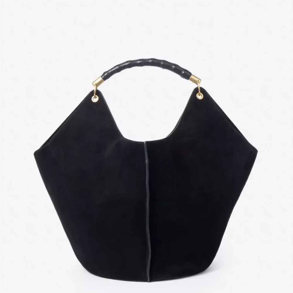 Black Suede Bag with Curved Handle and Gold
